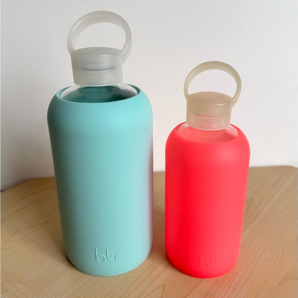 (2) bkr Water Bottles w/Silicone Sleeves: 16oz hot pink & 32oz robin egg blue